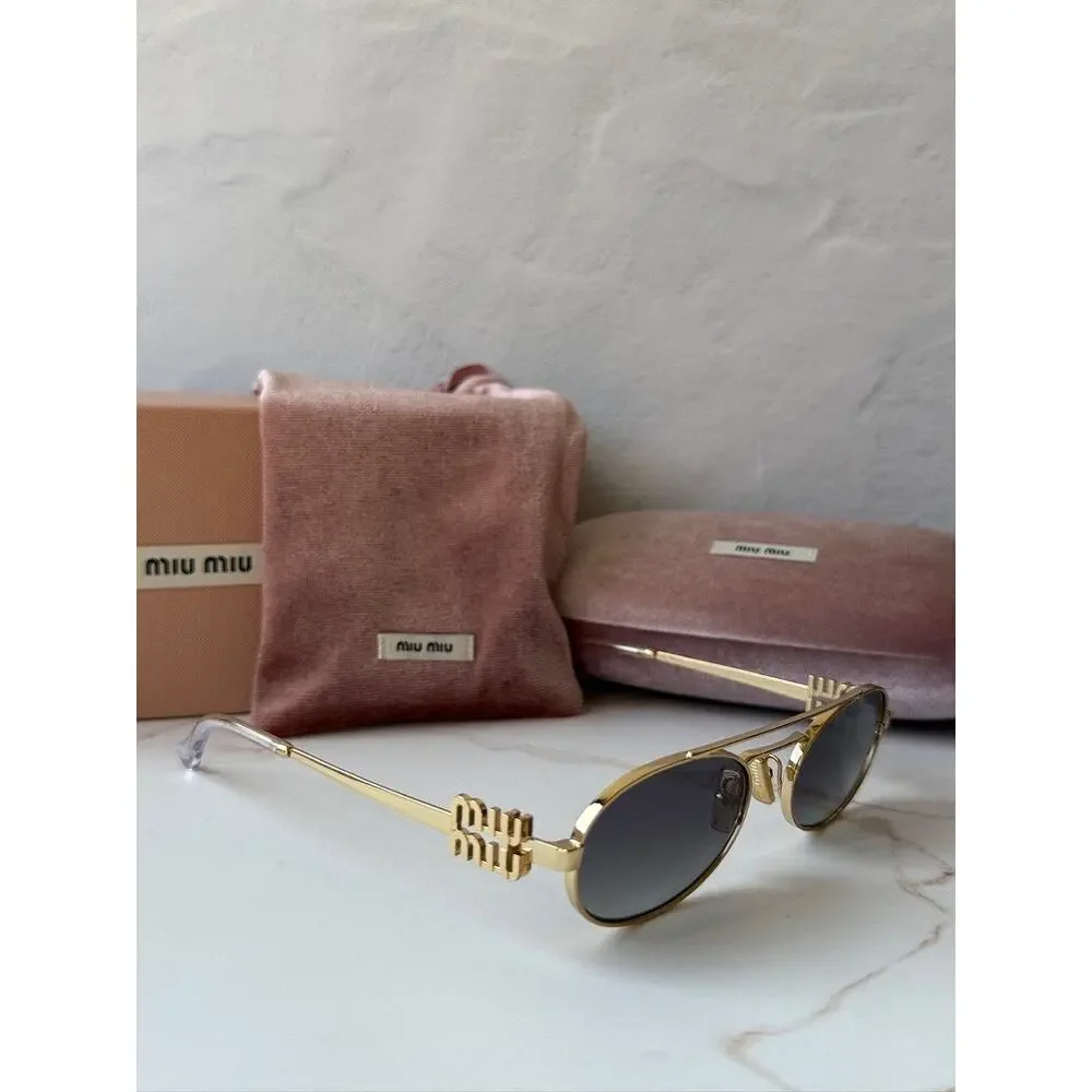 NEW Miu Miu MU54ZS Gold Grey Oval Metal Sunglasses